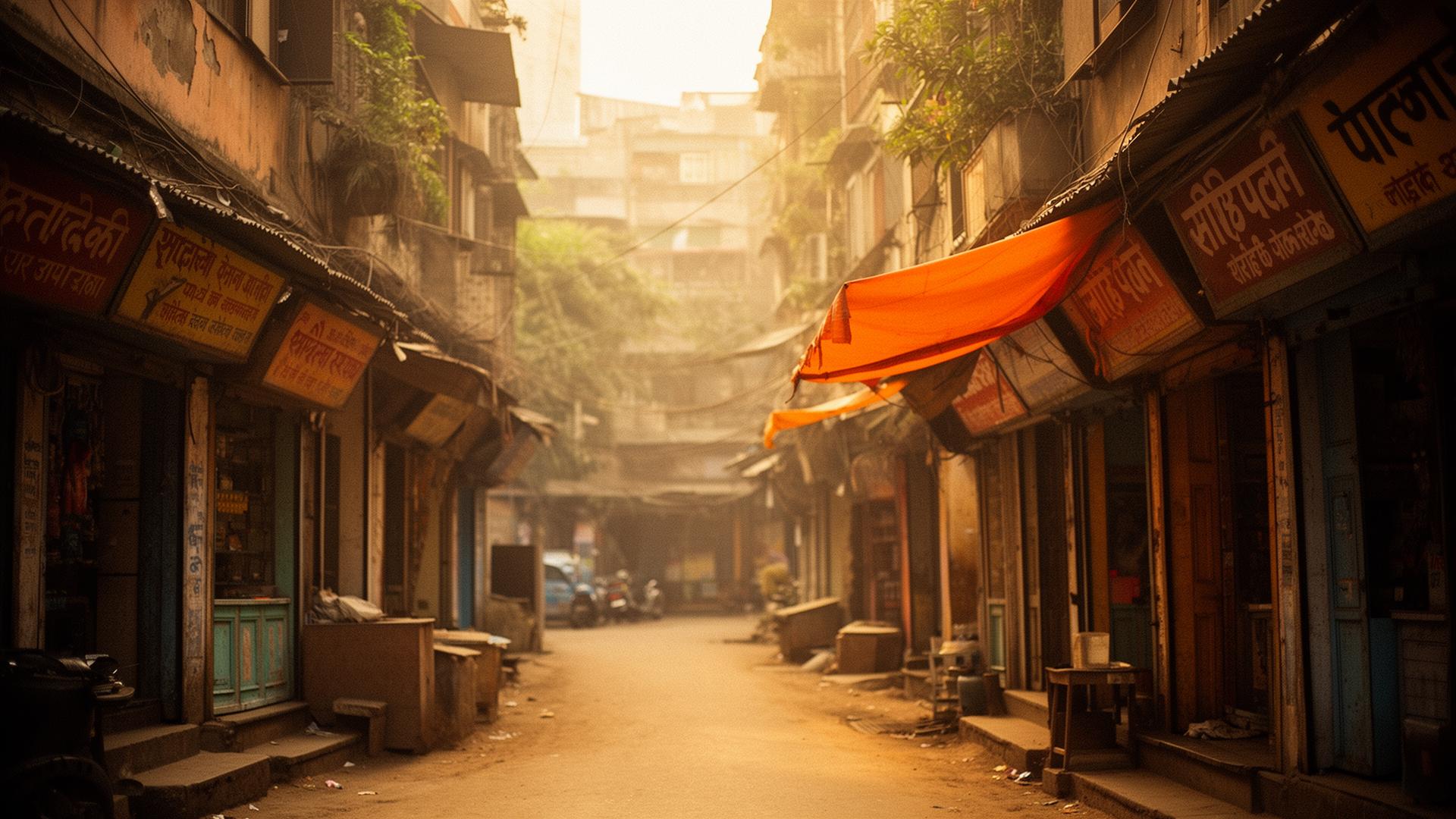 A quiet Lower Parel lane at golden hour, lined with hand-painted storefronts and an orange awning